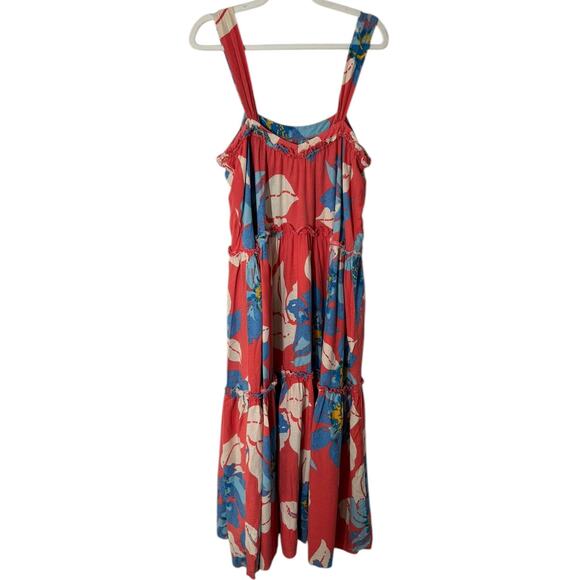 Free People Moonshine Sleeveless Tiered Midi Dress Coral Blue Floral XL Summer - Picture 5 of 9